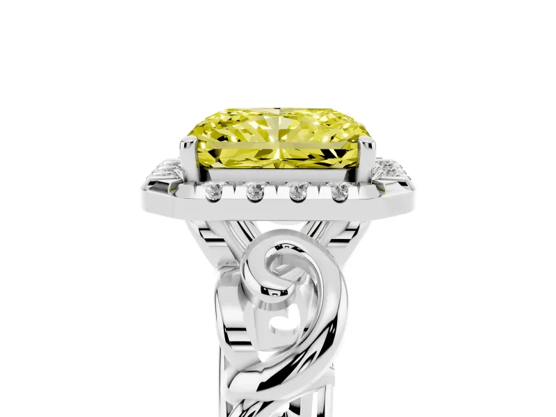 Fancy Yellow Radiant Cut Diamond Halo Ring Set in White gold with Scrollwork Band and Prong Setting