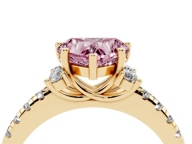 Heart-Shaped Side Stone Engagement Ring Setting for a Fancy Pink Lab-Grown Diamond | Pave Band | Yellow Gold