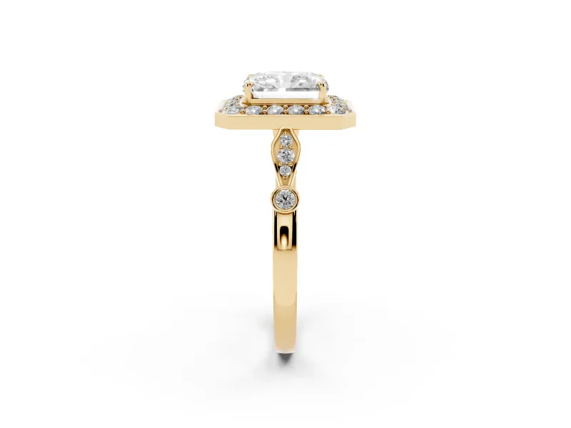 Radiant Cut Vintage Halo Engagement Ring Setting | Bezel Station Shoulders | Yellow Gold
