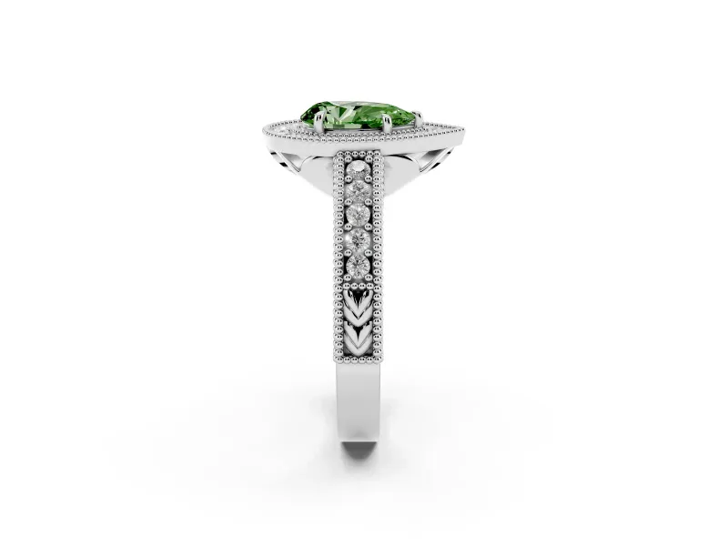 Fancy Green Pear Cut Diamond Halo Ring Set in Silver with Round Accent Halo, Pavé Band and Prong Setting