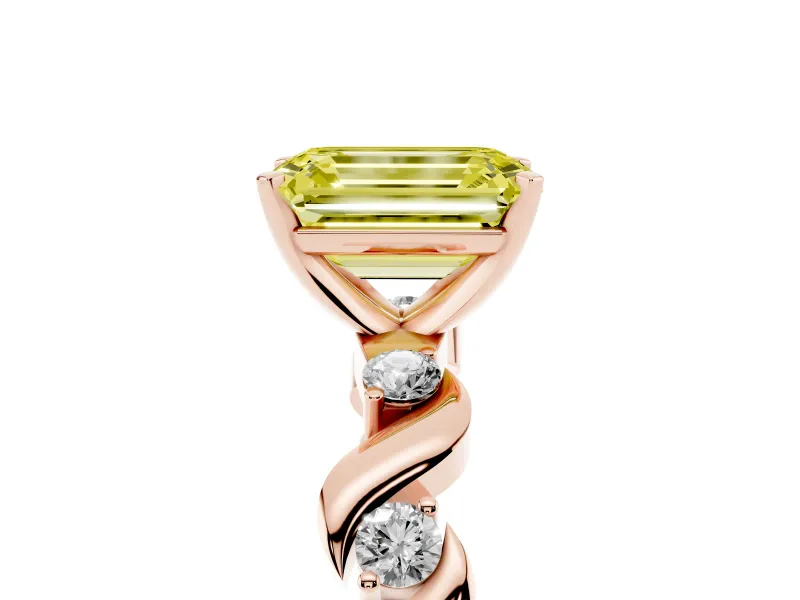 Fancy Yellow Emerald Cut Diamond Solitaire Ring Set in Rose gold with Ribbon Twist Band, Round Accents and Prong Setting
