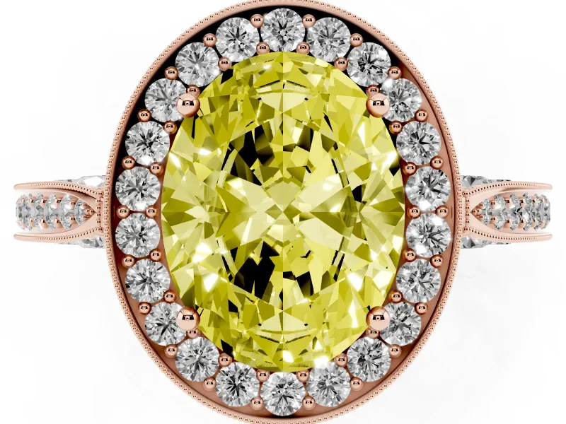 Oval Milgrain Halo Engagement Ring Setting for a Fancy Yellow Lab-Grown Diamond | Side Stones | Rose Gold