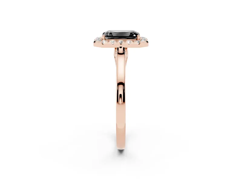 Fancy Black Emerald Cut Halo Round Diamond Solitaire Ring Set in Rose gold with Pavé Band and Prong Setting