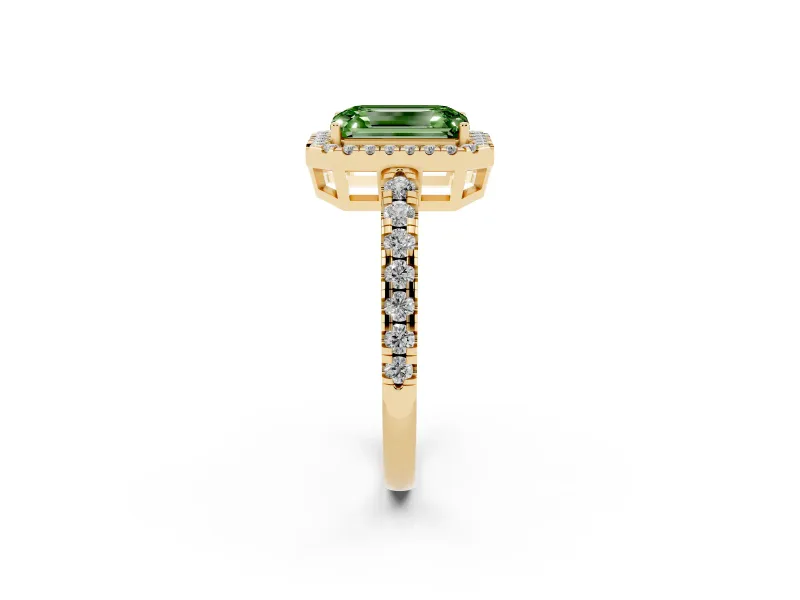 Fancy Green Emerald Cut Diamond Halo Ring Set in Yellow gold with Delicate Pavé Band and Prong Setting