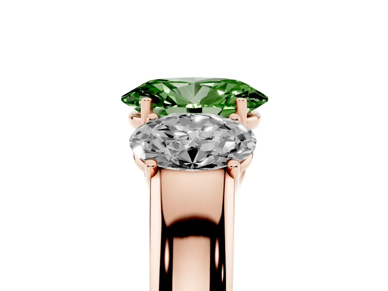 Fancy Green Three-Stone Oval Cut Diamond Ring Set in Rose gold with Matching Prong Settings and Plain Band