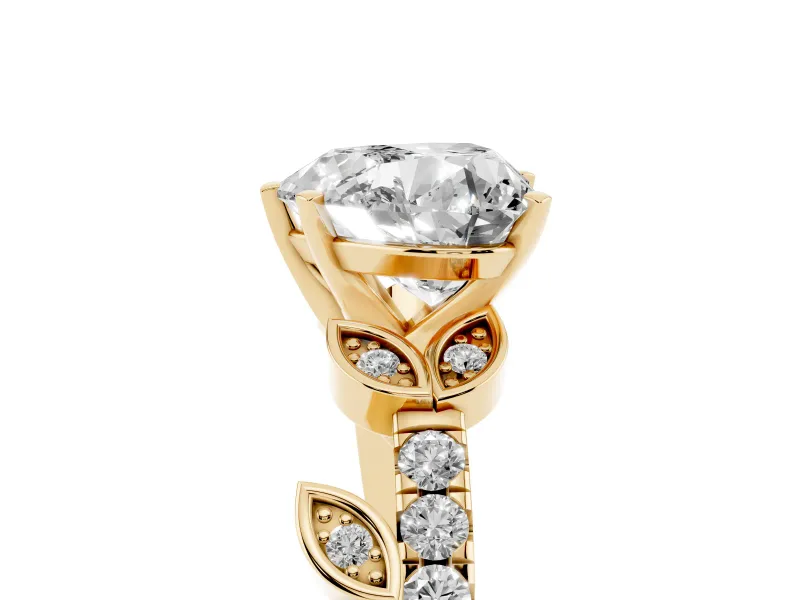 Heart Cut Diamond Solitaire Leaf-Inspired Ring Set in Yellow gold with Pavé Band and Prong Setting