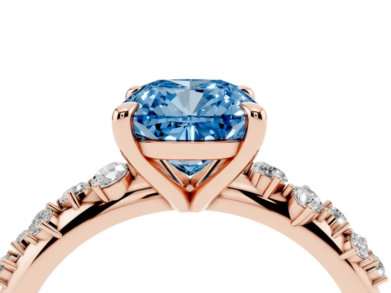 Fancy Blue Cushion Cut Diamond Solitaire Vine Band Ring Set in Rose gold with Round Accents and Prong Setting