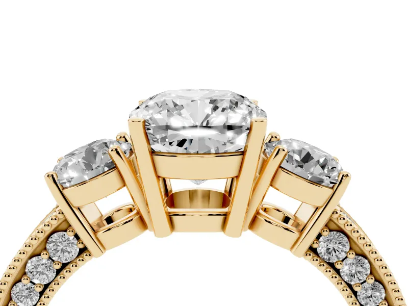 Cushion Cut Vintage Three Stone Engagement Ring Setting | Graduated Milgrain Pave | Yellow Gold