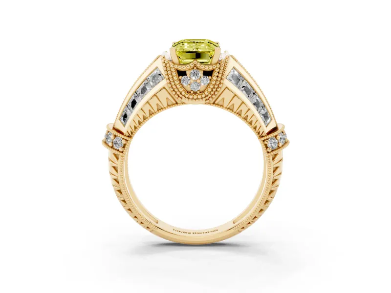 Fancy Yellow Emerald Cut Diamond Vintage-Inspired Milgrain Ring Set in Yellow gold with Accent Split Shank