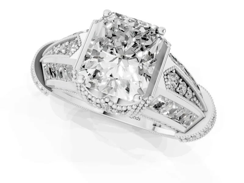 Radiant Cut Diamond Vintage-Inspired Milgrain Ring Set in Silver with Accent Split Shank