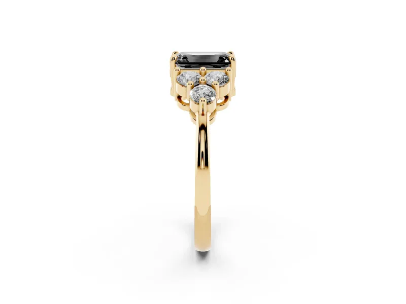 Emerald Cut Cluster Side Stone Engagement Ring Setting for a Black Center | Plain Band | Yellow Gold