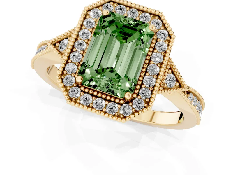 Fancy Green Emerald Cut Diamond Halo Engagement Ring Set in Yellow gold with Milgrain Pavé Band
