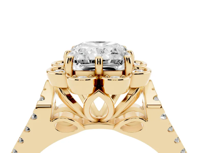 Radiant Cut Petal Frame Floral Halo Engagement Ring Setting | Pavé Split Shank | Yellow Gold