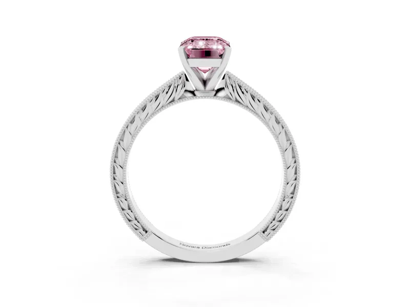 Fancy Pink Emerald Cut Diamond Solitaire Milgrain Engraved Band Set in White gold with Prong Setting
