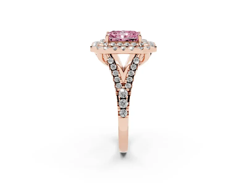 Radiant Cut Halo Split Shank Engagement Ring Setting for a Fancy Pink Lab-Grown Diamond | Pavé Strands | Rose Gold