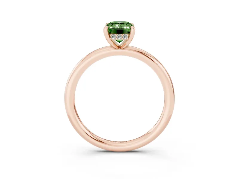 Fancy Green Emerald Cut Diamond Solitaire Ring Set in Rose gold with Thin Band and Prong Setting
