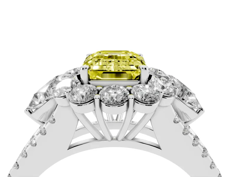 Fancy Yellow Emerald Cut Diamond Halo Split Shank Engagement Ring Set in Silver with Prong-Held Center Stone