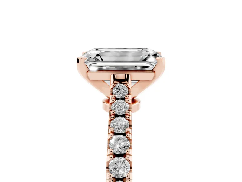 Emerald Cut Pavé Solitaire Engagement Ring Setting | Single Row Shoulders | Rose Gold