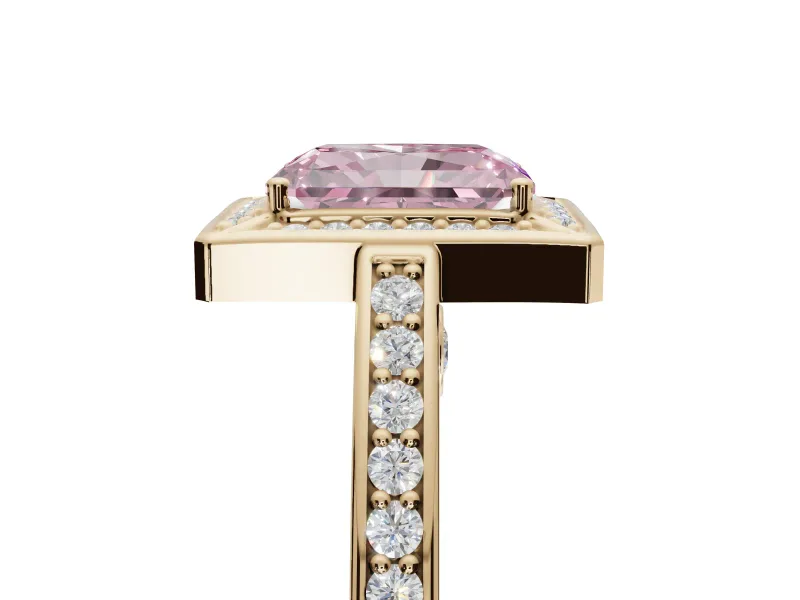 Radiant Cut Sectioned Halo Engagement Ring Setting for a Fancy Pink Lab-Grown Diamond | Yellow Gold