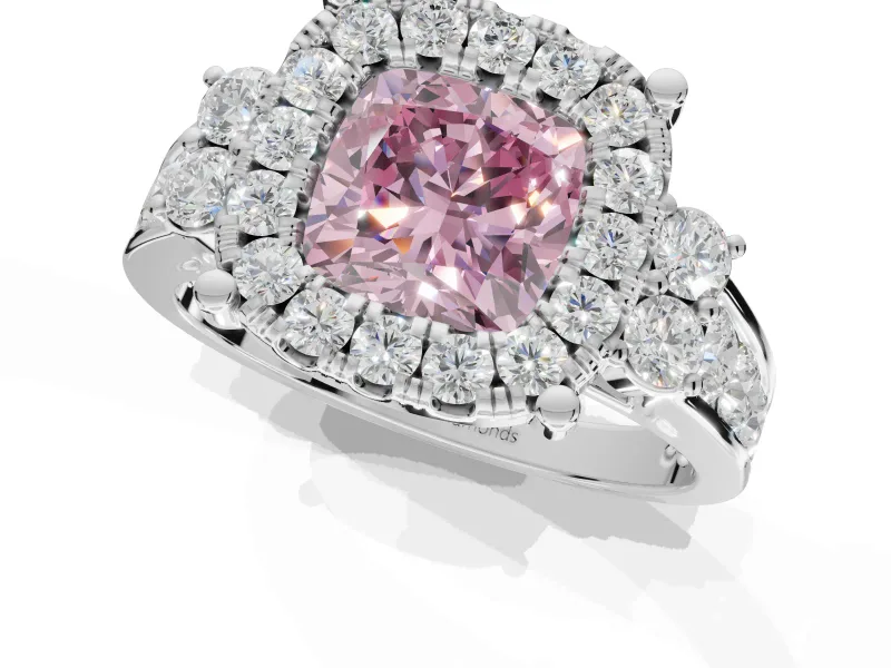 Cushion Cut Halo Engagement Ring Setting for a Fancy Pink Lab-Grown Diamond | Graduated Channel Band | White Gold