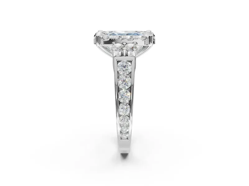 Radiant Cut Halo Engagement Ring Setting for a Fancy Blue Lab-Grown Diamond | Graduated Channel Band | Platinum