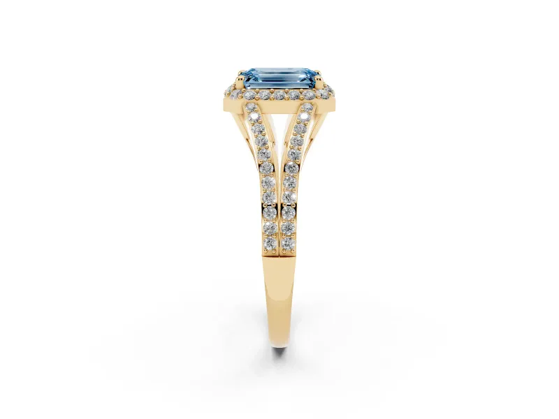 Emerald Cut Halo Engagement Ring Setting for a Fancy Blue Lab-Grown Diamond | V-Split Pavé Band | Yellow Gold