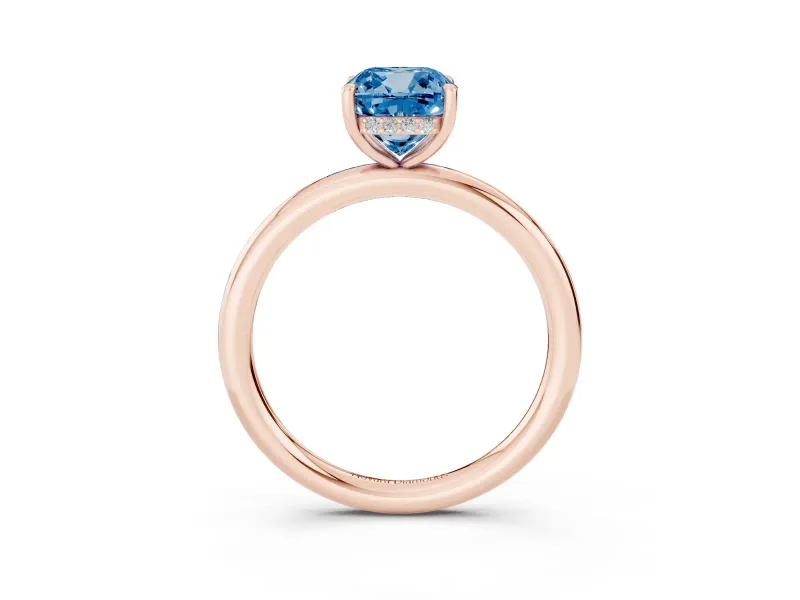 Fancy Blue Cushion Cut Diamond Solitaire Ring Set in Rose gold with Thin Band and Prong Setting