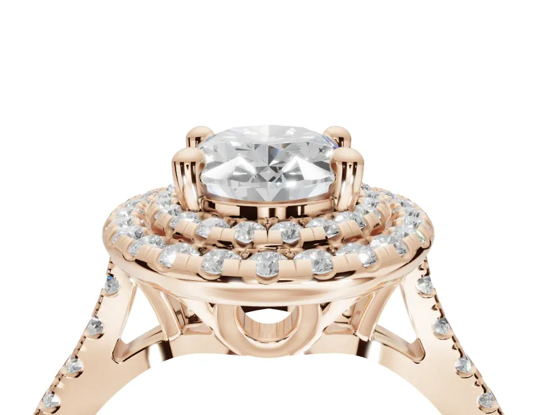 Oval Lab-Grown Diamond Double Halo Statement Ring Set in Rose Gold with Pavé Band