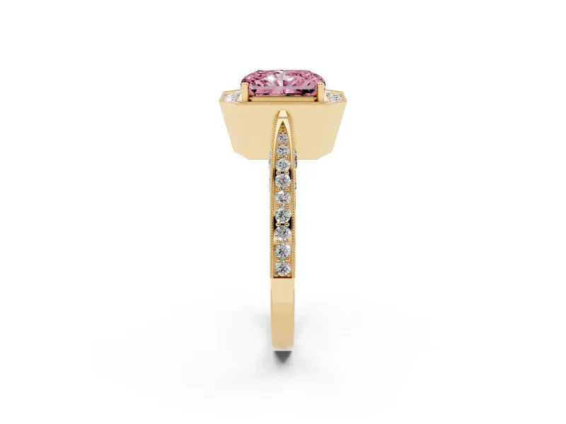 Radiant Cut Milgrain Halo Engagement Ring Setting for a Fancy Pink Lab-Grown Diamond | Side Stones | Yellow Gold