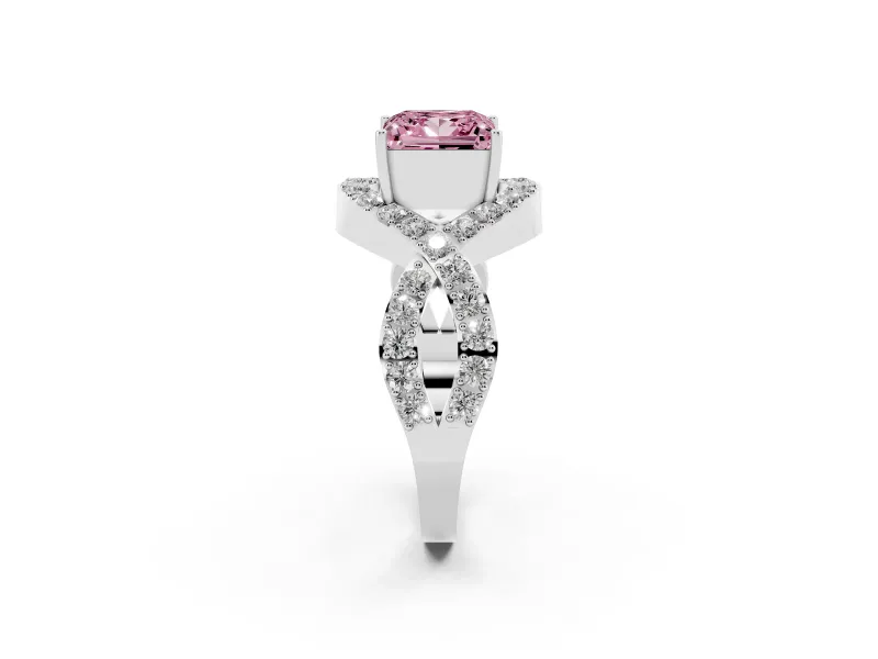 Fancy Pink Princess Cut Diamond Solitaire Twist Band Pavé Engagement Ring Set in Platinum