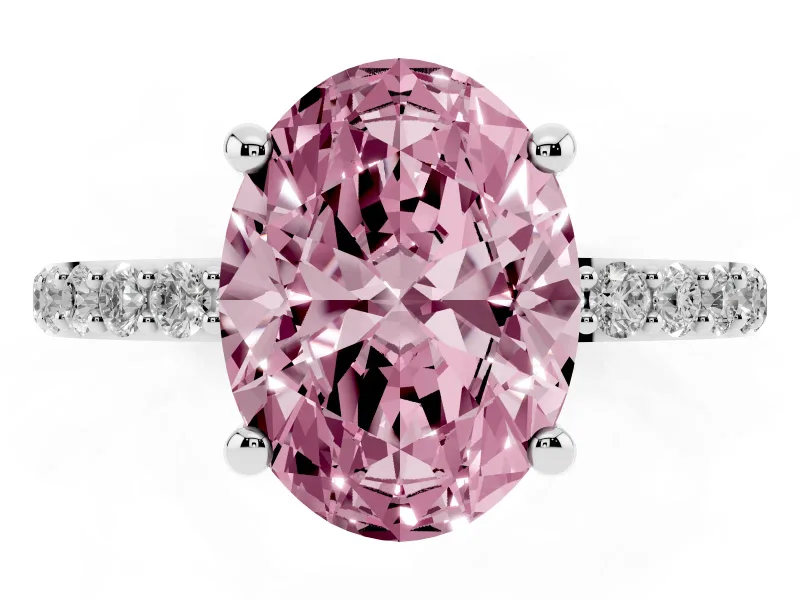 Fancy Pink Oval Cut Diamond Solitaire Ring Set in Platinum with Round Pavé Band and Prong Setting