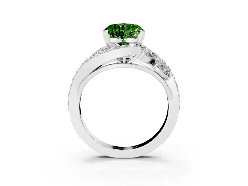 Fancy Green Heart Cut Diamond Halo Ring Set in Platinum with Marquise and Pavé Band in Prong Setting