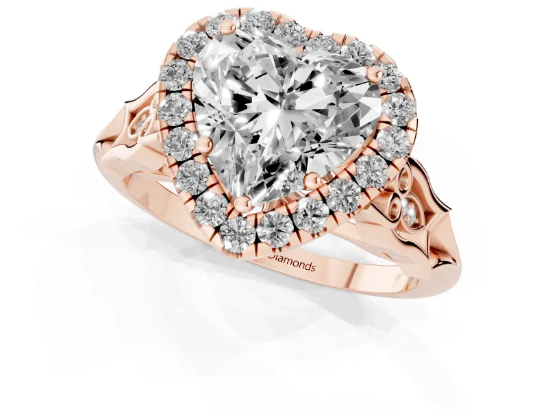 Heart Cut Diamond Halo Engagement Ring Set in Rose gold with Filigree Band and Prong-Set Center