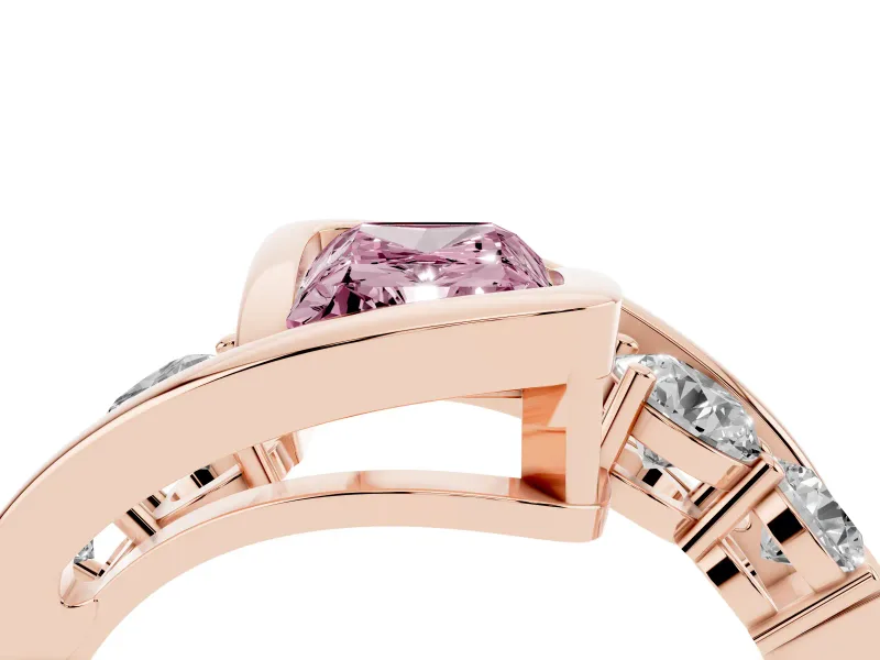 Fancy Pink Radiant Cut Diamond Bezel Bypass Ring Set in Rose gold with Round Accents