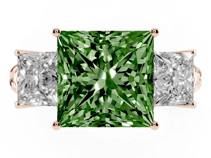 Fancy Green Princess Cut Diamond Three-Stone Ring Set in Rose gold with Braided Band
