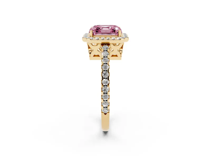 Asscher Cut Pave Halo Engagement Ring Setting for a Fancy Pink Lab-Grown Diamond | Yellow Gold