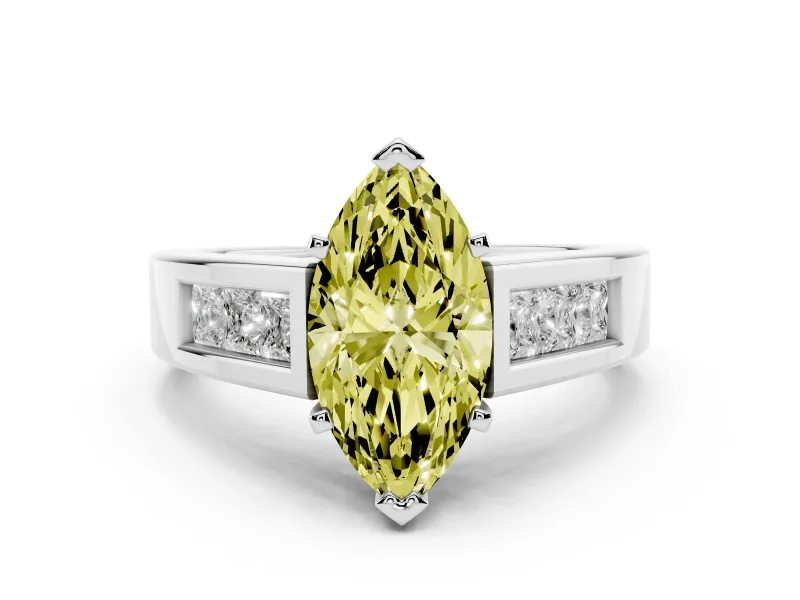 Fancy Yellow Marquise Cut Diamond Solitaire Ring Set in White gold with Channel-Set Accent Stones and Prong Setting