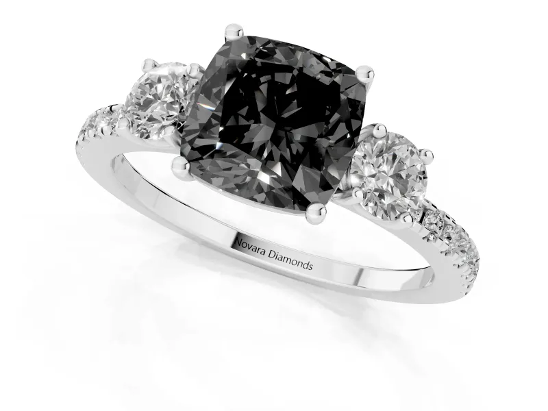 Cushion Cut Three Stone Engagement Ring Setting for a Black Center | Pavé Shoulders | Sterling Silver
