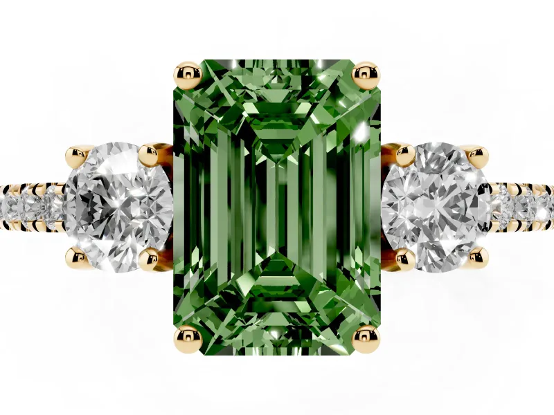 Emerald Cut Three Stone Engagement Ring Setting for a Fancy Green Lab-Grown Diamond | Pave Shoulders | Yellow Gold