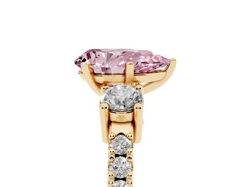 Fancy Pink Three-Stone Pear Cut Diamond Pavé Band Ring Set in Yellow gold with Prong Setting
