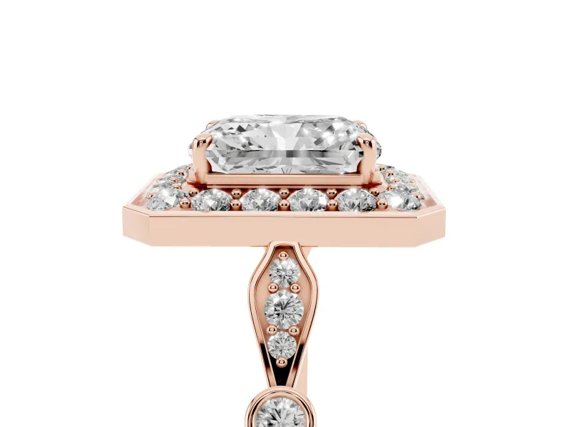 Radiant Cut Vintage Halo Engagement Ring Setting | Bezel Station Shoulders | Rose Gold