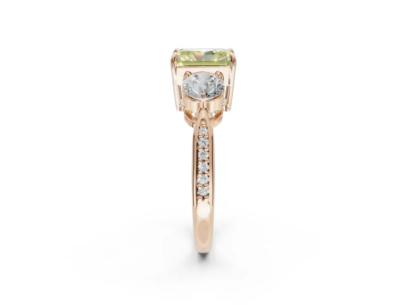 Radiant Cut Three Stone Engagement Ring Setting for a Fancy Yellow Lab-Grown Diamond | Tapered Pave Band | Rose Gold