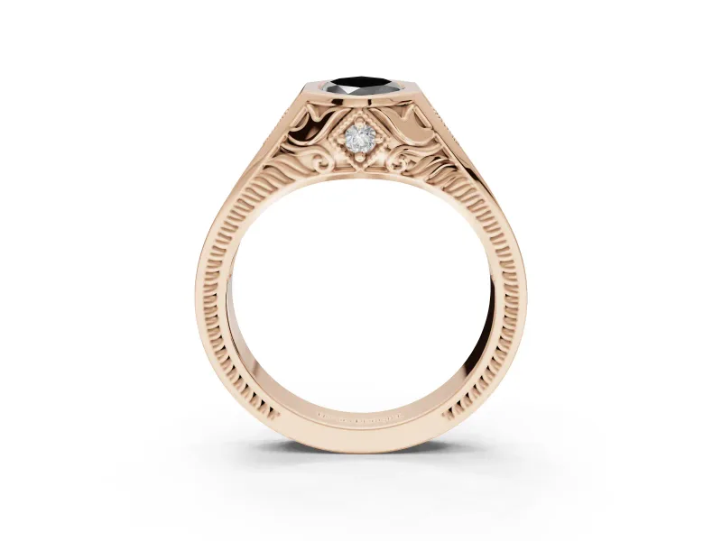Marquise Vintage Bezel Engagement Ring Setting for a Black Center | Engraved Band | Rose Gold
