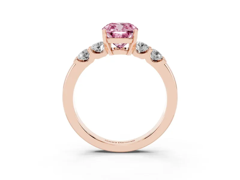 Fancy Pink Cushion Cut Diamond Five-Stone Prong Set Engagement Ring Set in Rose gold with Channel Band