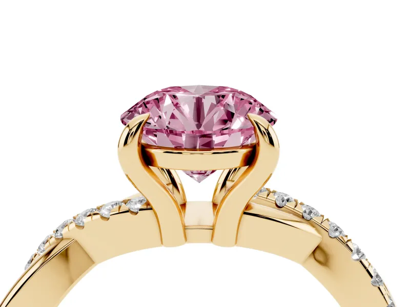 Fancy Pink Round Cut Diamond Twist Band Solitaire Set in Yellow gold with Pavé Accents and Prong Setting