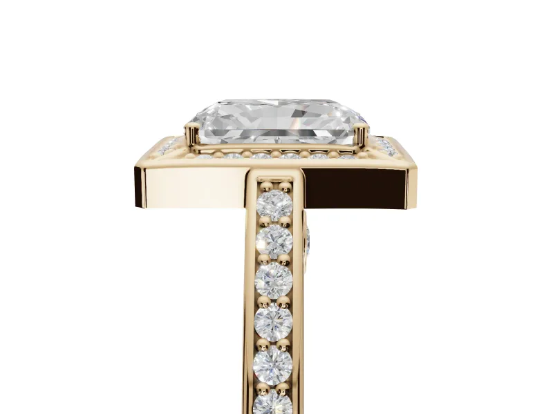 Radiant Cut Sectioned Halo Engagement Ring Setting | Pavé Gallery and Band | Yellow Gold