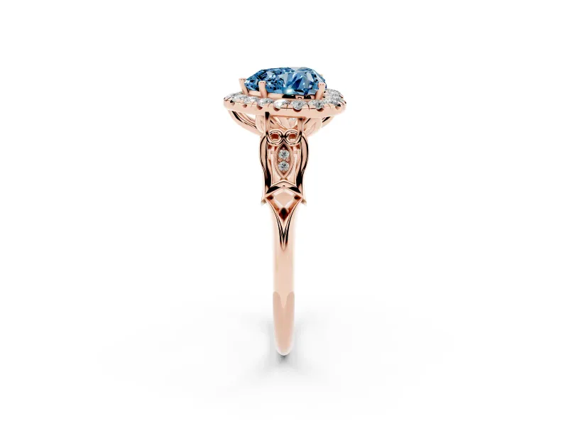 Fancy Blue Heart Cut Diamond Halo Engagement Ring Set in Rose gold with Filigree Band and Prong-Set Center