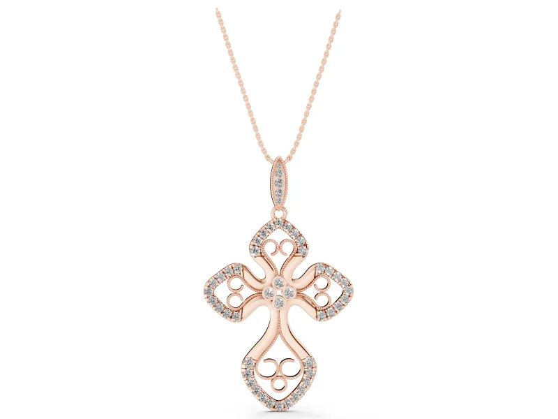 Round Lab-Grown Diamond Graduated Filigree Cross Pendant Necklace | Milgrain Edges | Rose Gold