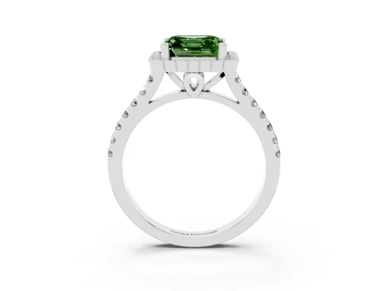 Fancy Green Asscher Cut Diamond Milgrain Floral Halo Engagement Ring Set in Platinum with Pavé Band