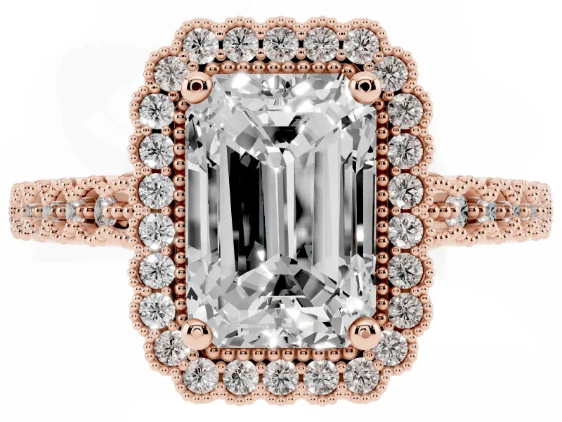 Radiant Cut Vintage Milgrain Halo Engagement Ring Setting | Beaded Pavé Shoulders | Rose Gold